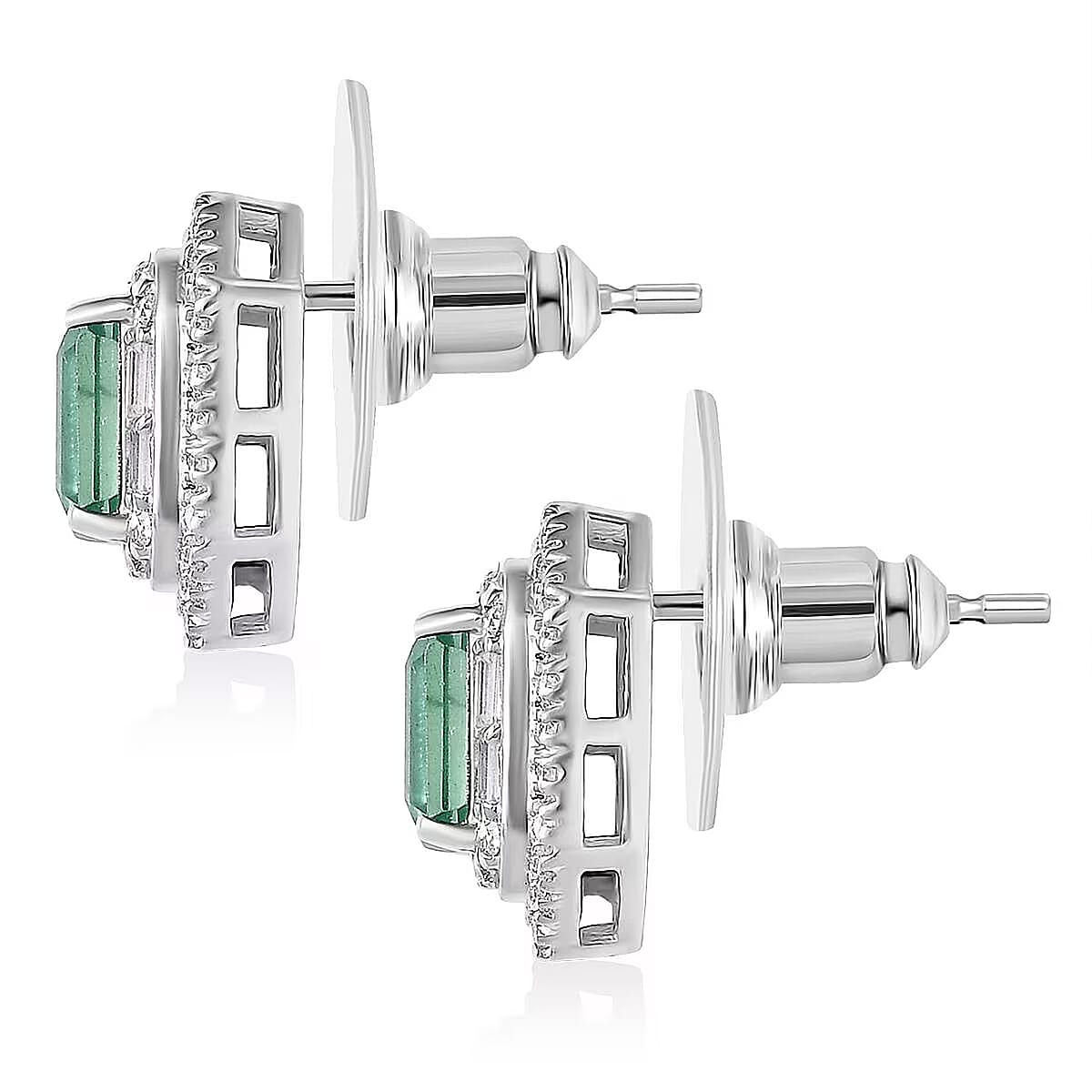 Doorbuster D'Joy Premium Kagem Zambian Emerald and Moissanite 2.00 ctw Art Deco Earrings in Rhodium Over Sterling Silver image number 7
