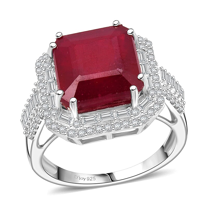 D'Joy Niassa Ruby (FF) and Moissanite 11.35 ctw Royal Ember Ring in Rhodium Over Sterling Silver (Size 10.0)