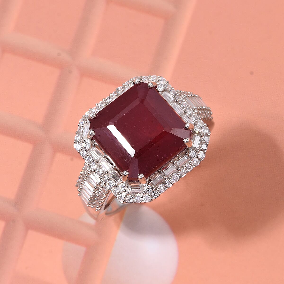 D'Joy Niassa Ruby (FF) and Moissanite 11.35 ctw Royal Ember Ring in Rhodium Over Sterling Silver (Size 10.0) (Del. in 7-10 Days) image number 1
