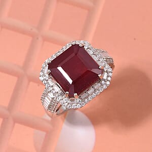 D'Joy Niassa Ruby (FF) and Moissanite 11.35 ctw Royal Ember Ring in Rhodium Over Sterling Silver (Size 10.0) (Del. in 7-10 Days)