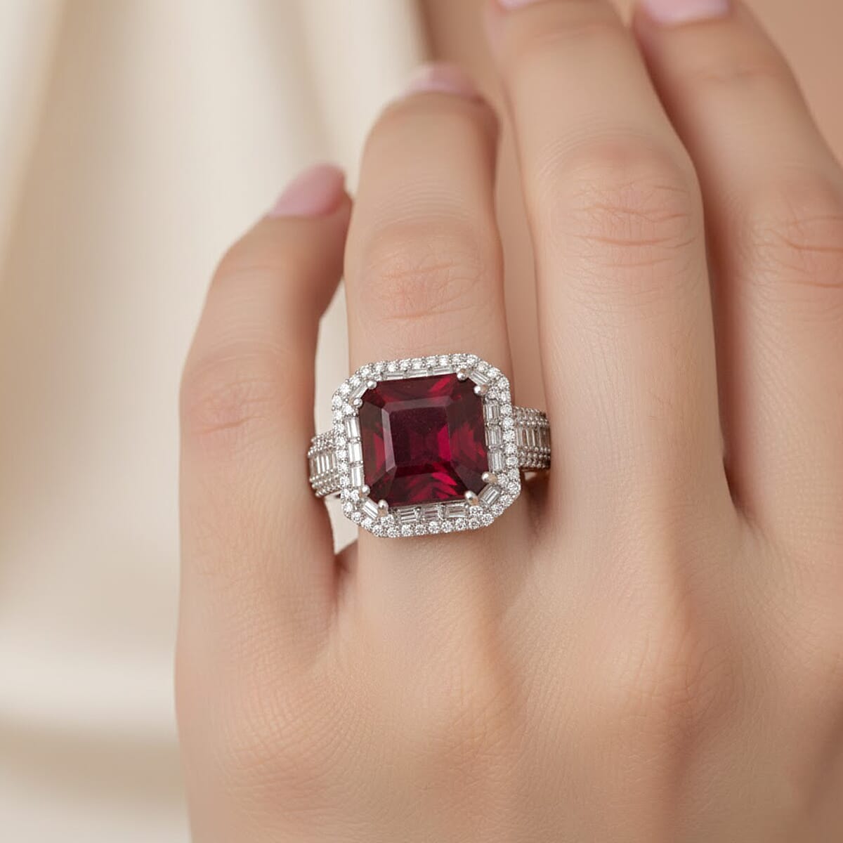 D'Joy Niassa Ruby (FF) and Moissanite 11.35 ctw Royal Ember Ring in Rhodium Over Sterling Silver (Size 10.0) (Del. in 7-10 Days) image number 2