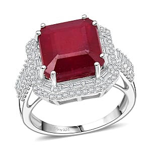 D'Joy Niassa Ruby (FF) and Moissanite 11.35 ctw Royal Ember Ring in Rhodium Over Sterling Silver (Size 6.0) (Del. in 7-10 Days)