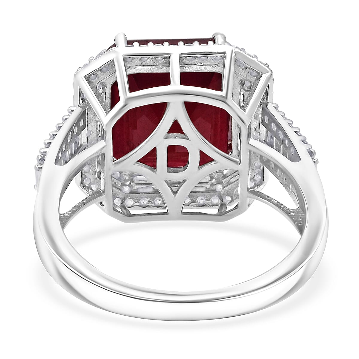 D'Joy Niassa Ruby (FF) and Moissanite 11.35 ctw Royal Ember Ring in Rhodium Over Sterling Silver (Size 6.0) (Del. in 7-10 Days) image number 4