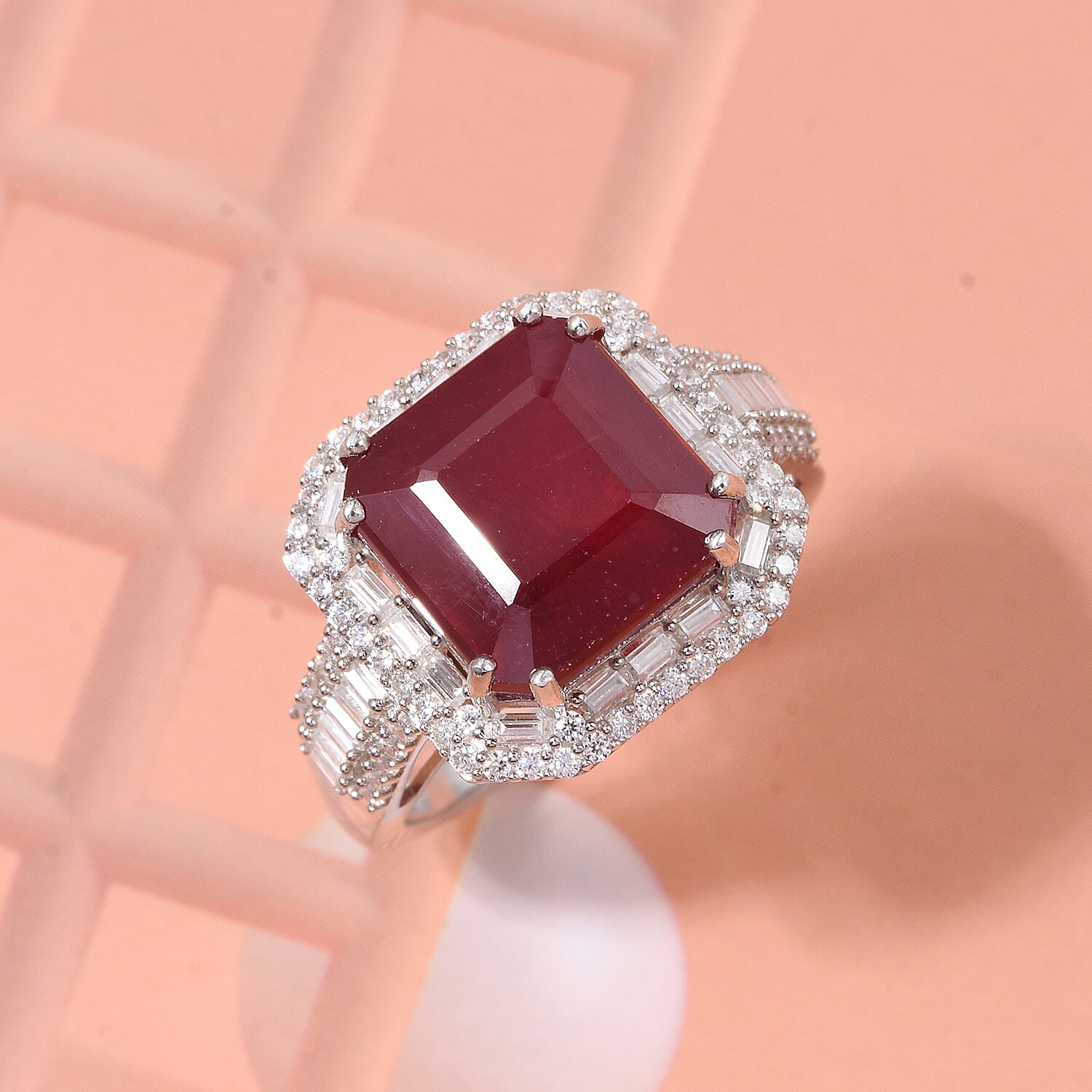 D'Joy Niassa Ruby (FF) and Moissanite 11.35 ctw Royal Ember Ring in Rhodium Over Sterling Silver (Size 7.0)