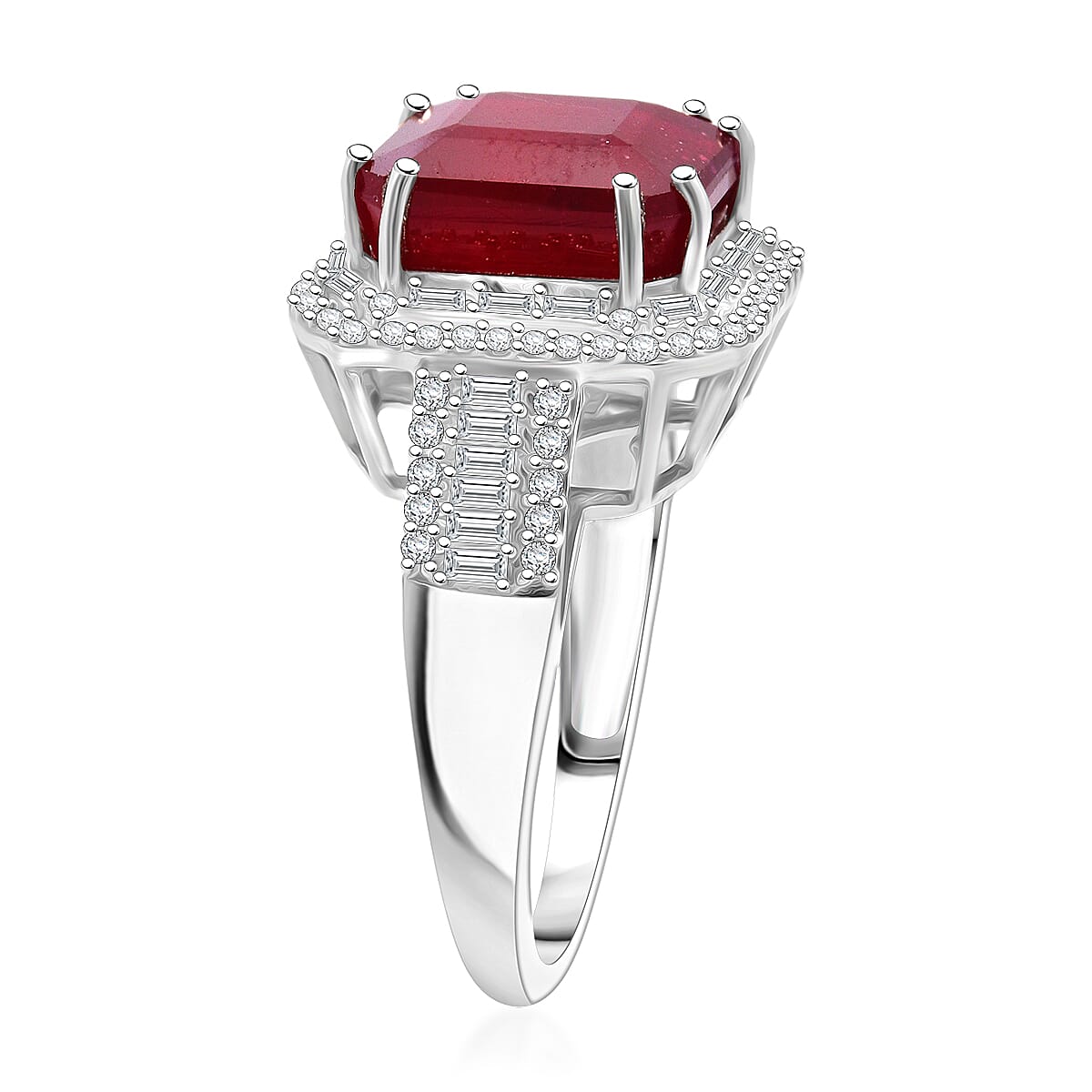 D'Joy Niassa Ruby (FF) and Moissanite 11.35 ctw Royal Ember Ring in Rhodium Over Sterling Silver (Size 7.0)