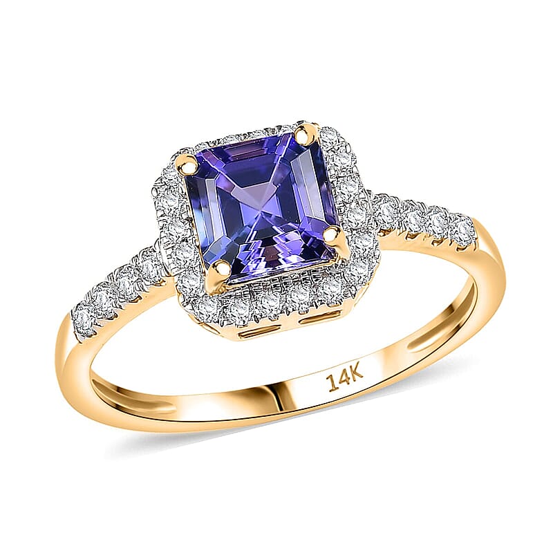 Asscher Cut Tanzanite, Lab Grown Diamond Halo Ring in 14K Yellow Gold 1.35 ctw (Size 4.0)