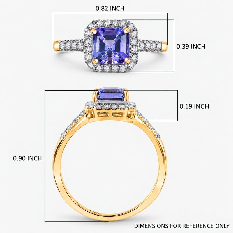 Asscher Cut Tanzanite, Lab Grown Diamond Halo Ring in 14K Yellow Gold 1.35 ctw (Size 4.0)