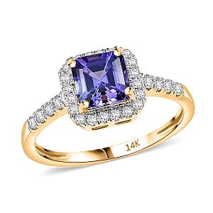 Doorbuster Asscher Cut Premium Tanzanite and Luxuriant Lab Grown Diamond G-H SI 1.35 ctw Halo Majesty Ring in 14K Yellow Gold (Size 6.0)