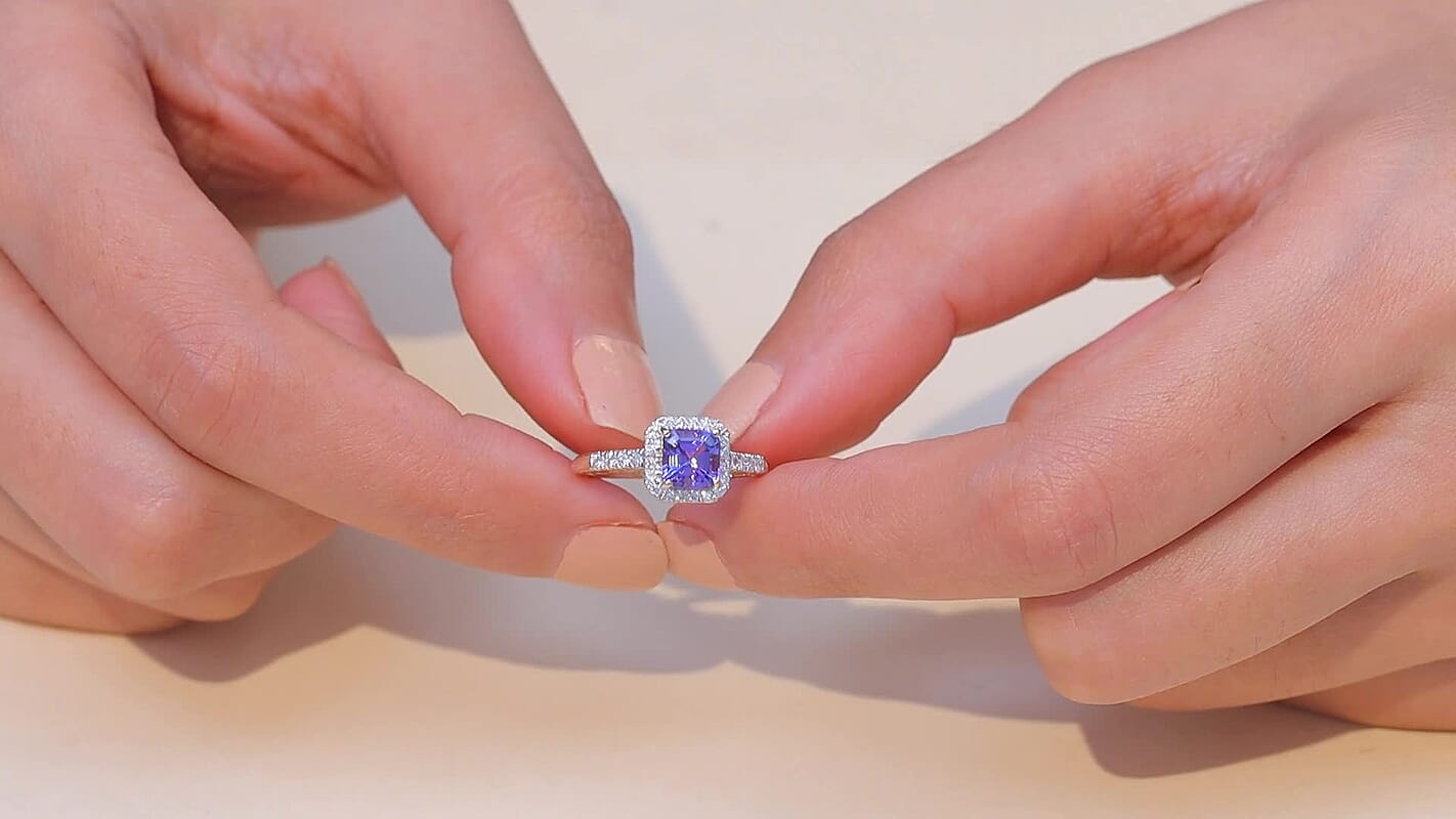 Asscher Cut Premium Tanzanite and Luxuriant Lab Grown Diamond G-H SI 1.35 ctw Halo Majesty Ring in 14K Yellow Gold
