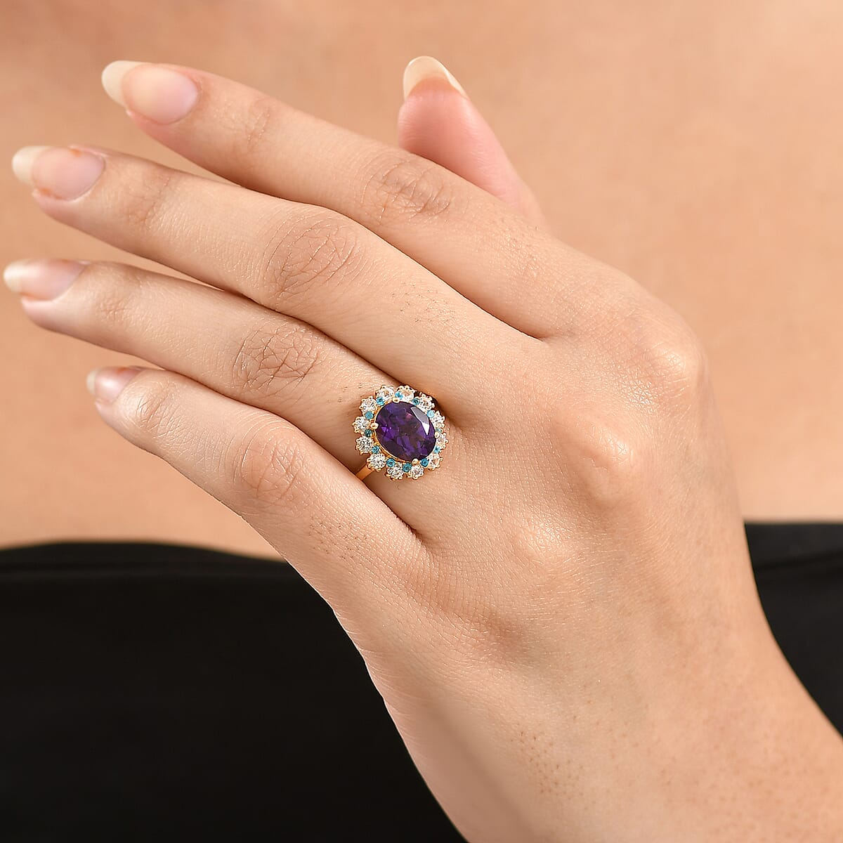 EverTrue African Amethyst and Multi Gemstone 2.90 ctw Regal Bloom Ring in 18K YG Plated (Size 10.0) image number 2