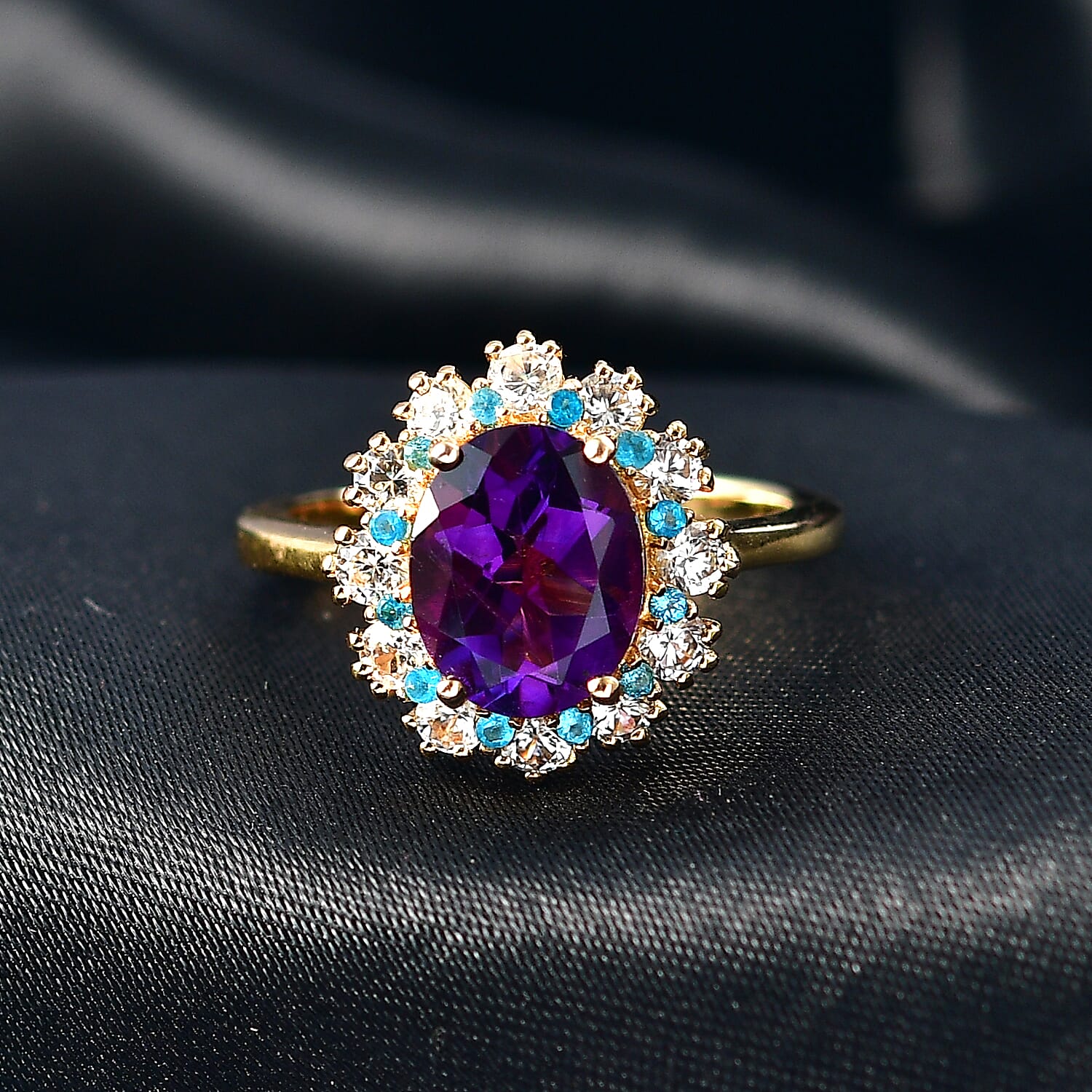 EverTrue African Amethyst and Multi Gemstone 2.90 ctw Regal Bloom Ring in 18K YG Plated (Size 7.0)