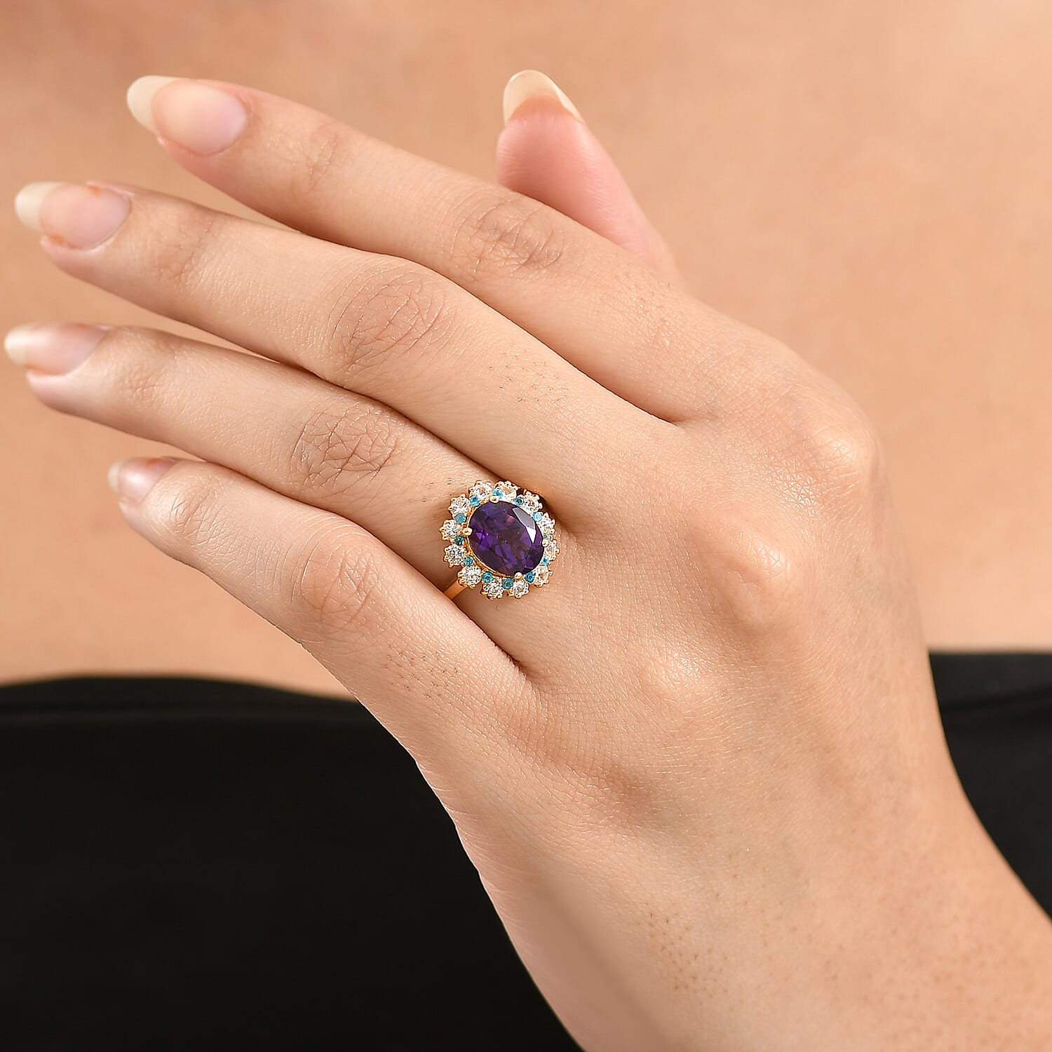 EverTrue African Amethyst and Multi Gemstone 2.90 ctw Regal Bloom Ring in 18K YG Plated (Size 7.0)