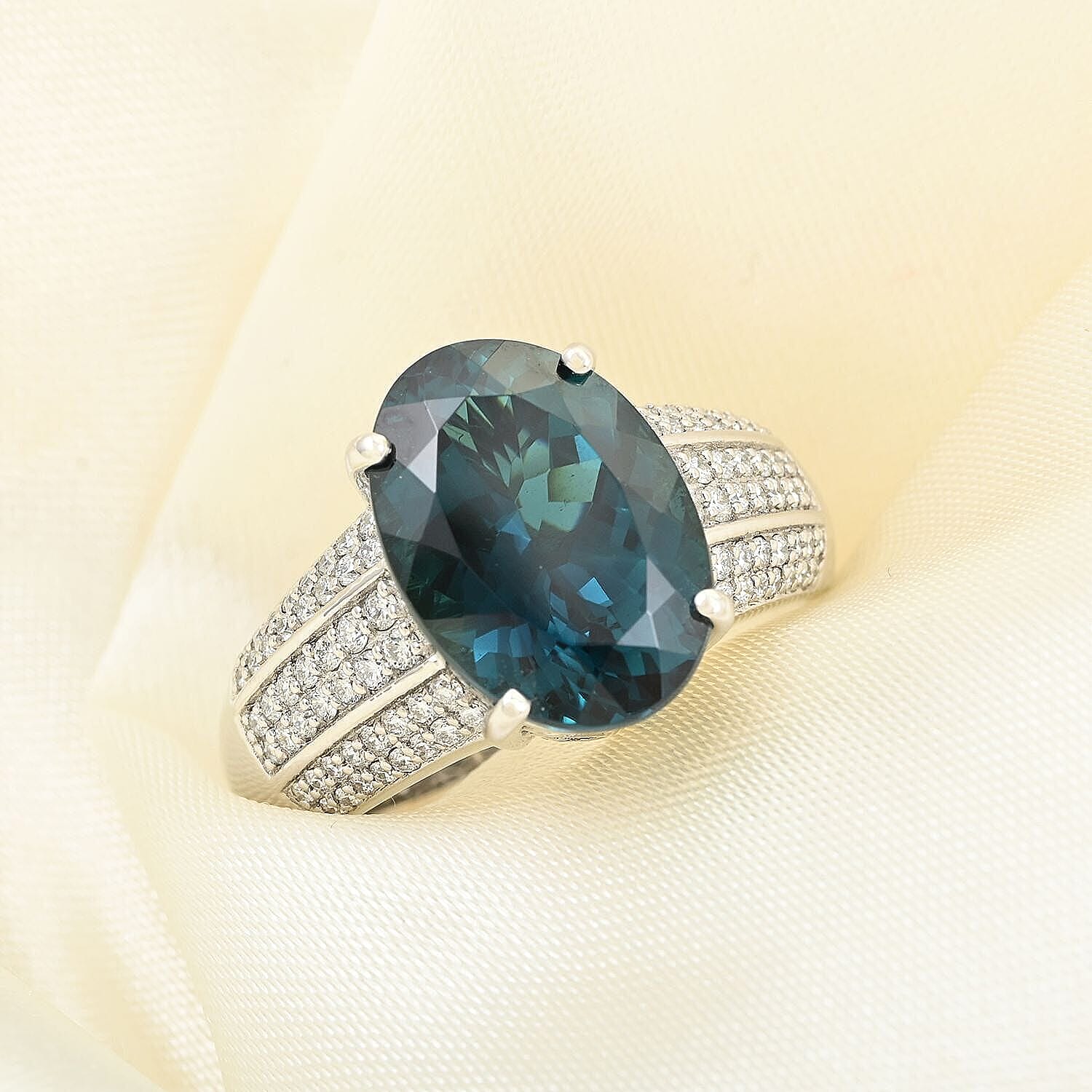 Rhapsody AAAA Monte Belo Indicolite and E-F, VS2 Diamond 5.30 ctw Ring in 950 Platinum (Size 9.0) 9.45 Grams