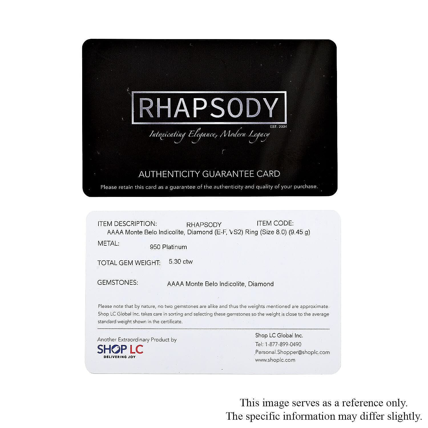 Rhapsody AAAA Monte Belo Indicolite and E-F, VS2 Diamond 5.30 ctw Ring in 950 Platinum (Size 9.0) 9.45 Grams