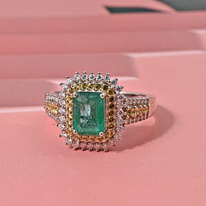 D'Joy Premium Kagem Zambian Emerald and Multi Gemstone 2.40 ctw Regal Halo Ring in Rhodium Over Sterling Silver (Size 10.0)