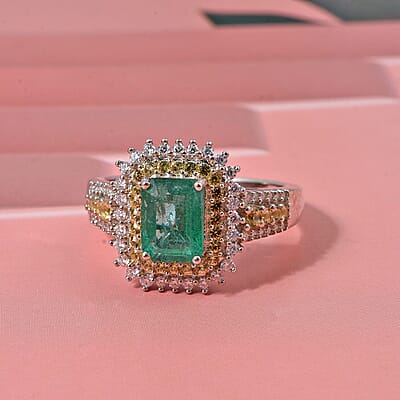 D'Joy Premium Kagem Zambian Emerald, Multi Gemstone Ring in Rhodium Over Sterling Silver (Size 5.0) 2.40 ctw