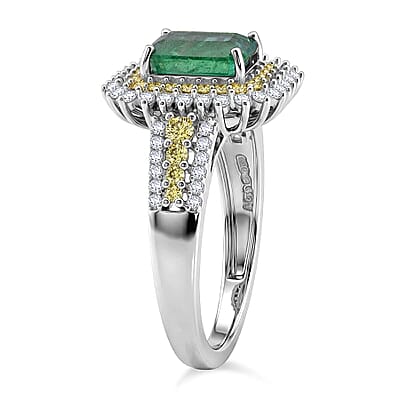 D'Joy Premium Kagem Zambian Emerald, Multi Gemstone Ring in Rhodium Over Sterling Silver (Size 5.0) 2.40 ctw