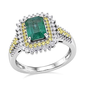 D'Joy Premium Kagem Zambian Emerald and Multi Gemstone 2.40 ctw Regal Halo Ring in Rhodium Over Sterling Silver (Size 6.0)