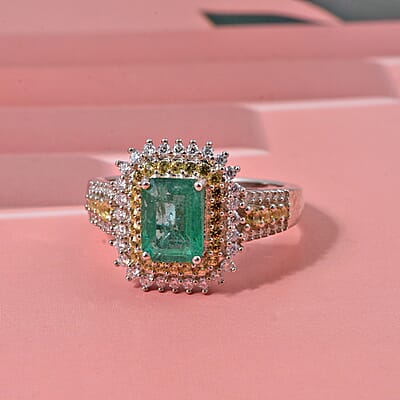 D'Joy Premium Kagem Zambian Emerald and Multi Gemstone 2.40 ctw Regal Halo Ring in Rhodium Over Sterling Silver (Size 6.0)