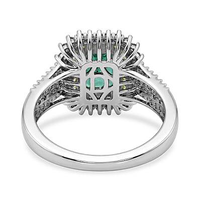 D'Joy Premium Kagem Zambian Emerald and Multi Gemstone 2.40 ctw Regal Halo Ring in Rhodium Over Sterling Silver (Size 6.0)