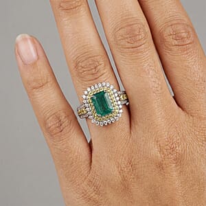 D'Joy Premium Kagem Zambian Emerald and Multi Gemstone 2.40 ctw Regal Halo Ring in Rhodium Over Sterling Silver (Size 7.0)