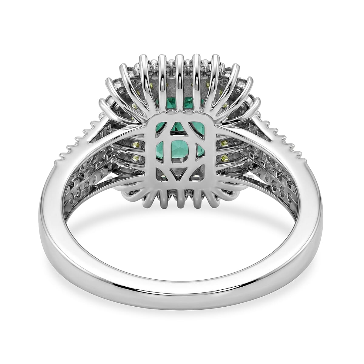 D'Joy Premium Kagem Zambian Emerald and Multi Gemstone 2.40 ctw Regal Halo Ring in Rhodium Over Sterling Silver (Size 7.0) image number 4