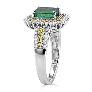 D'Joy Premium Kagem Zambian Emerald and Multi Gemstone 2.40 ctw Regal Halo Ring in Rhodium Over Sterling Silver (Size 9.0)