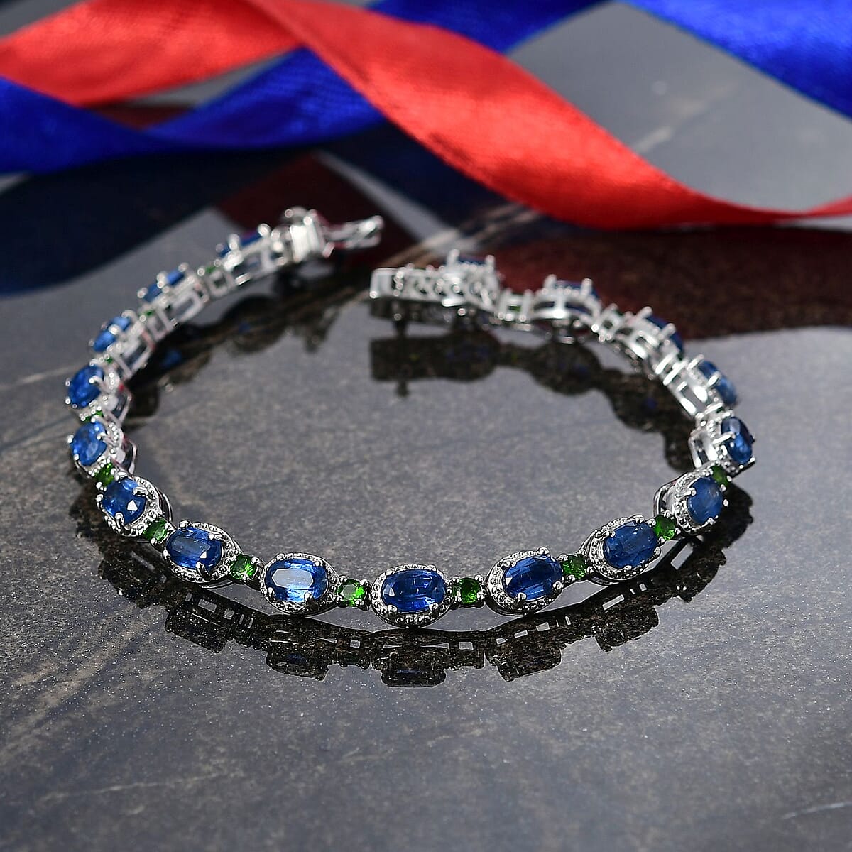 Doorbuster D'Joy Kashmir Kyanite and Chrome Diopside 11.00 ctw Station Bracelet in Rhodium Over Sterling Silver (7.25 In) image number 1