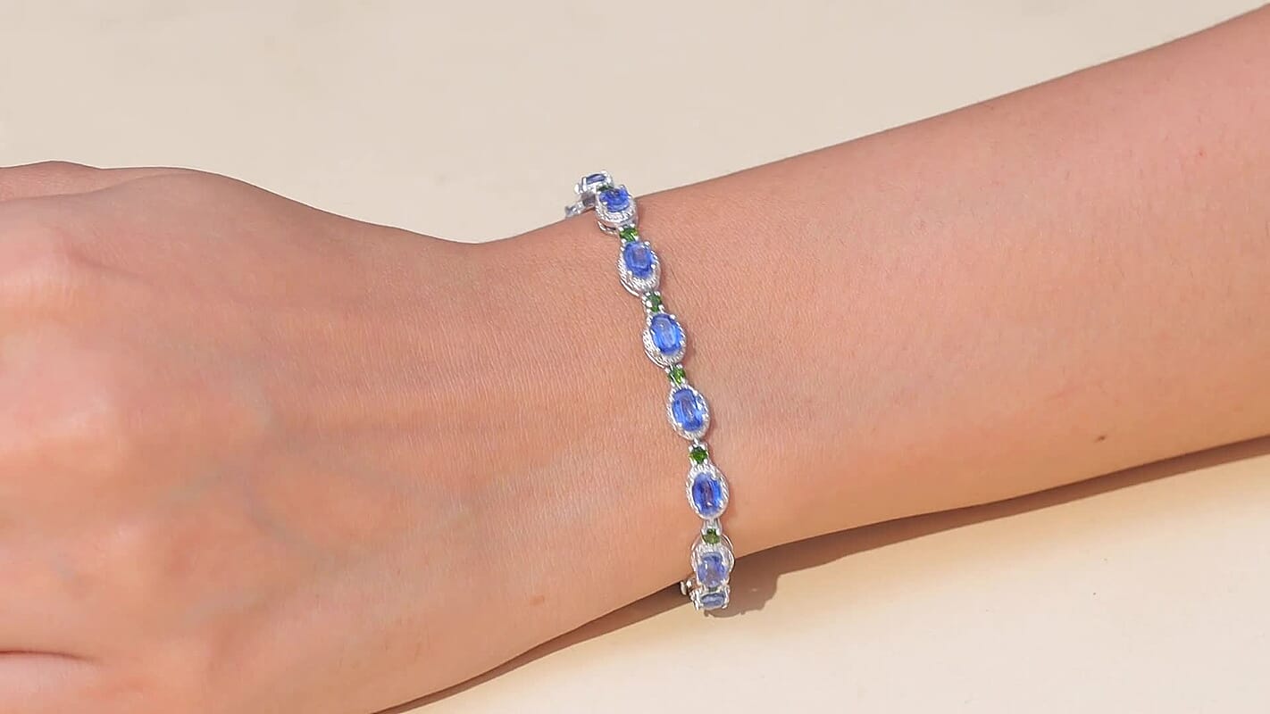 D'Joy Kashmir Kyanite and Chrome Diopside 11.00 ctw Station Bracelet in Rhodium Over Sterling Silver (7.25 In)