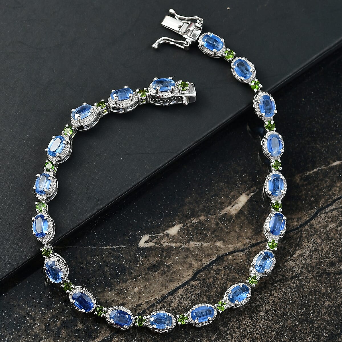  D'Joy Kashmir Kyanite and Chrome Diopside 9.70 ctw Station Bracelet in Rhodium Over Sterling Silver (6.50 In) image number 1