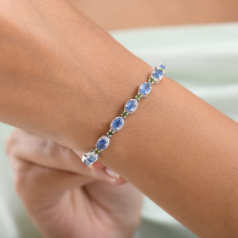 D'Joy Kashmir Kyanite and Chrome Diopside 9.70 ctw Station Bracelet in Rhodium Over Sterling Silver (6.50 In)