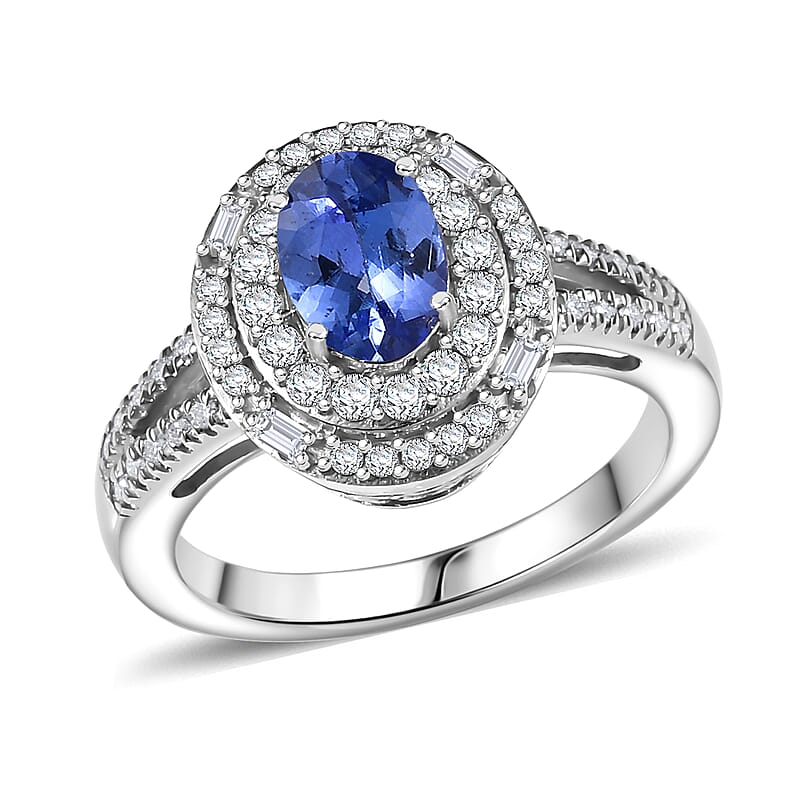 D'Joy Premium Tanzanite and Moissanite 1.60 ctw Celestial Halo Ring in Rhodium Over Sterling Silver (Size 10.0)