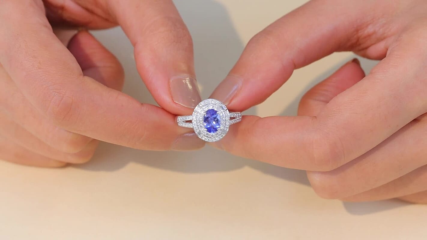 D'Joy Premium Tanzanite, Moissanite Halo Ring in Rhodium Over Sterling Silver (Size 10.0) 1.60 ctw