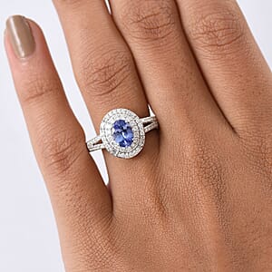 D'Joy Premium Tanzanite and Moissanite 1.60 ctw Celestial Halo Ring in Rhodium Over Sterling Silver (Size 10.0)
