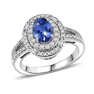 D'Joy Premium Tanzanite and Moissanite 1.60 ctw Celestial Halo Ring in Rhodium Over Sterling Silver (Size 7.0)
