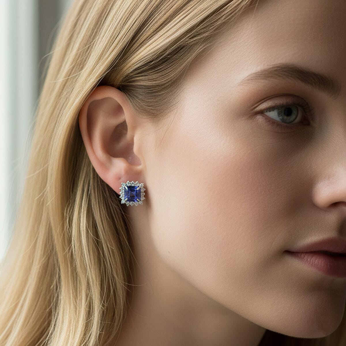 AAA Tanzanite and E-F VS Luxuriant Lab Grown Diamond Earrings in 10K White Gold 2.60 ctw image number 2