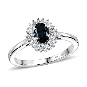 D'Joy AAA Monte Belo Indicolite and Diamond 0.65 ctw Art Deco Halo Ring in Rhodium Over Sterling Silver (Size 10.0)