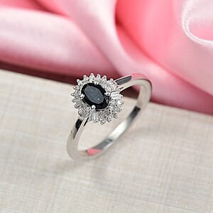 D'Joy AAA Monte Belo Indicolite and Diamond 0.65 ctw Art Deco Halo Ring in Rhodium Over Sterling Silver (Size 10.0)