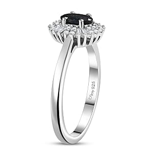 D'Joy AAA Monte Belo Indicolite and Diamond 0.65 ctw Art Deco Halo Ring in Rhodium Over Sterling Silver (Size 10.0)