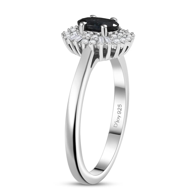 D'Joy AAA Monte Belo Indicolite and Diamond 0.65 ctw Art Deco Halo Ring in Rhodium Over Sterling Silver (Size 10.0)