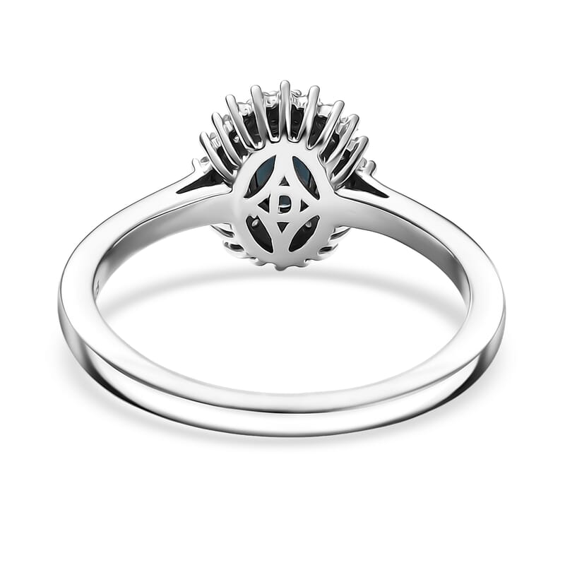 D'Joy AAA Monte Belo Indicolite and Diamond 0.65 ctw Art Deco Halo Ring in Rhodium Over Sterling Silver (Size 10.0)