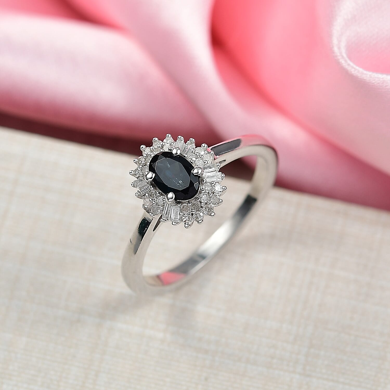 D'Joy AAA Monte Belo Indicolite, Diamond Halo Ring in Rhodium Over Sterling Silver (Size 10.0) 0.65 ctw
