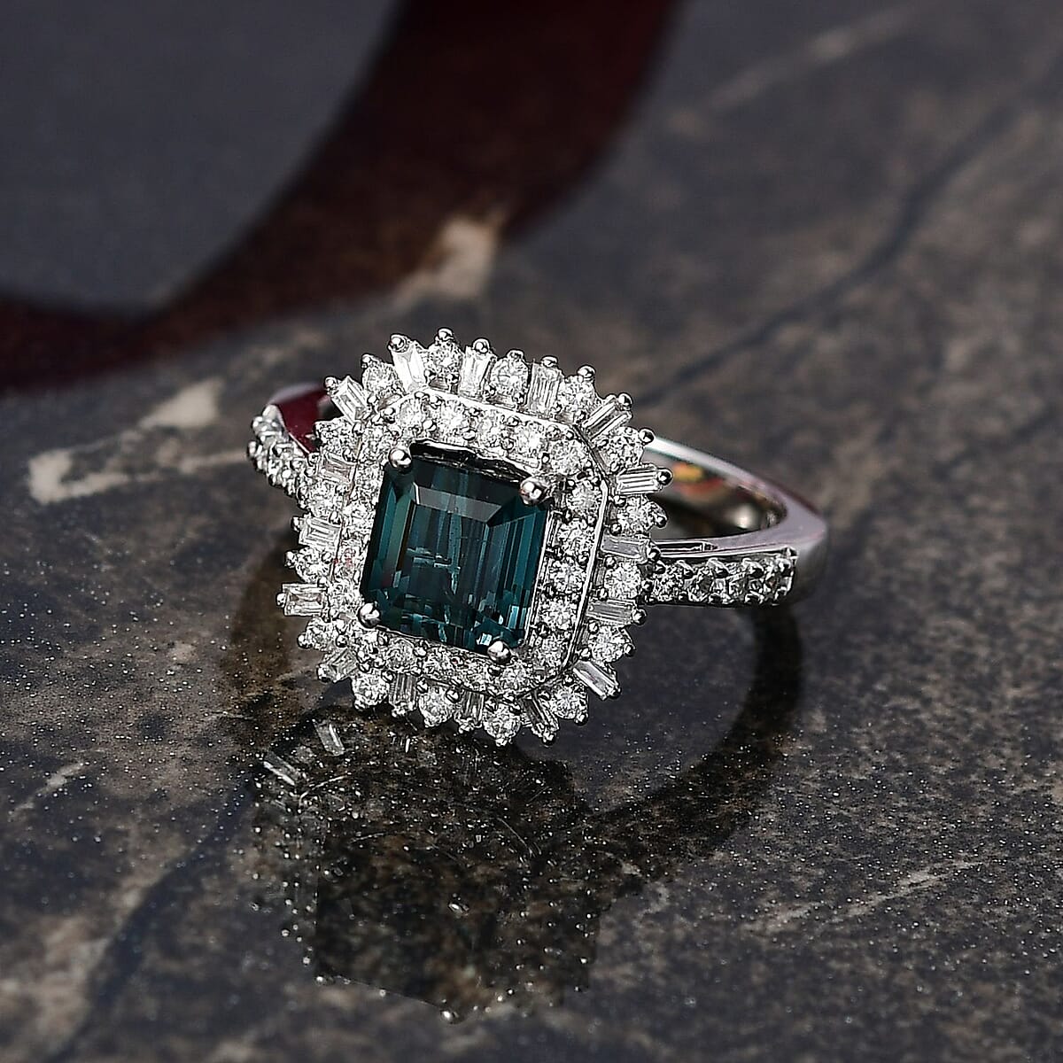 IGI Certified Luxoro AAA Monte Belo Indicolite and I2 Diamond 2.35 ctw Art Deco Ring in 10K White Gold (Size 7.0) image number 1