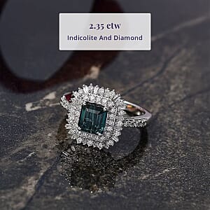 IGI Certified Luxoro AAA Monte Belo Indicolite and I2 Diamond 2.35 ctw Art Deco Ring in 10K White Gold (Size 7.0)