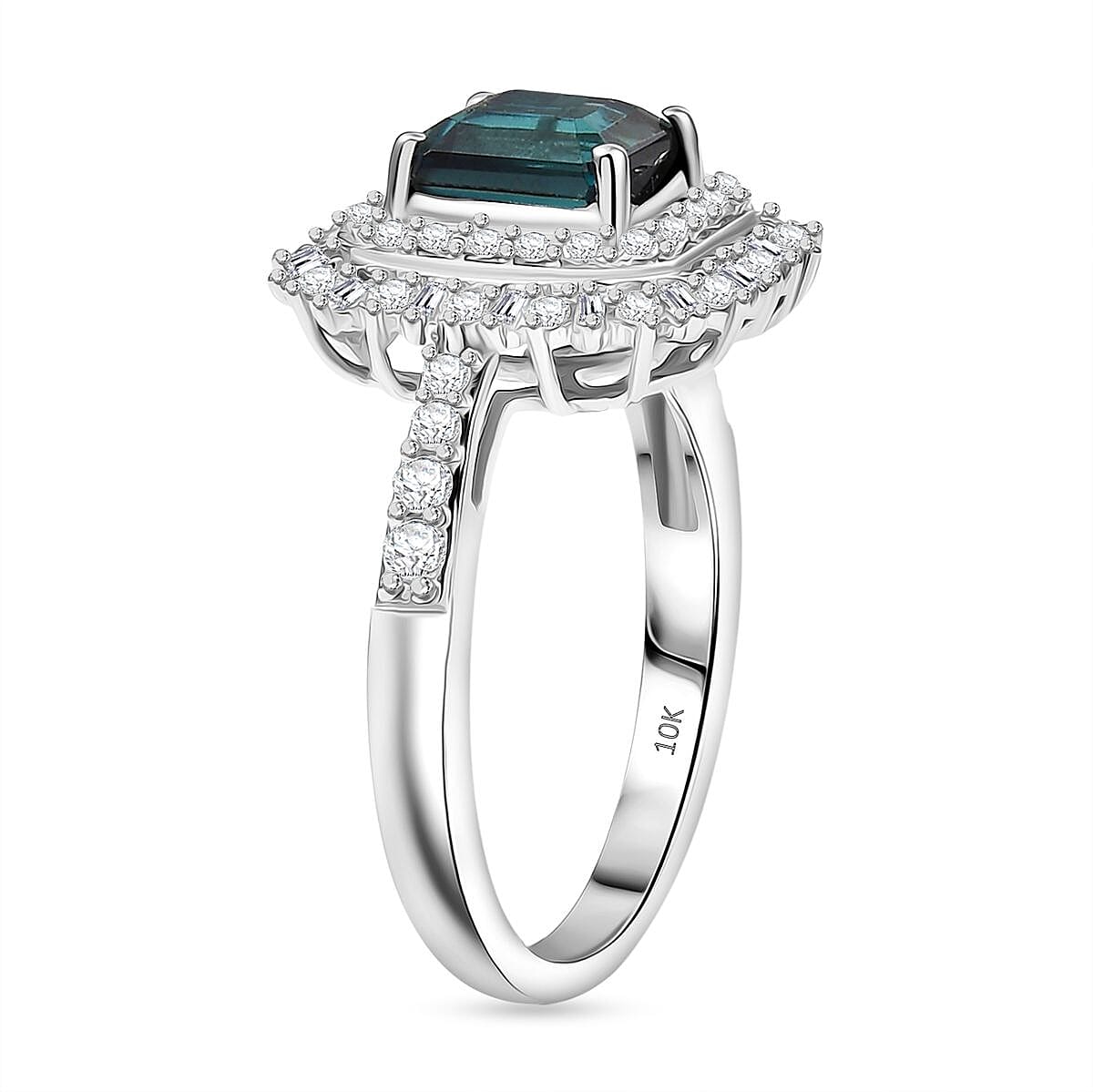 IGI Certified Luxoro AAA Monte Belo Indicolite and I2 Diamond 2.35 ctw Art Deco Ring in 10K White Gold (Size 7.0) image number 3