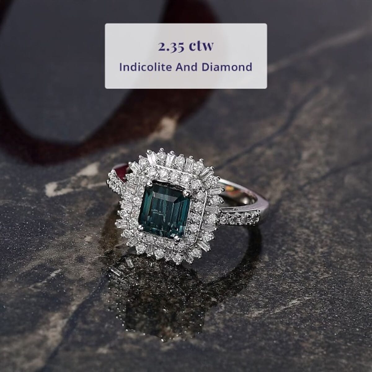 IGI Certified Luxoro AAA Monte Belo  Indicolite, Diamond (I2) Art Deco Ring in 10K White Gold 2.35 ctw (Size 9.5) image number 2