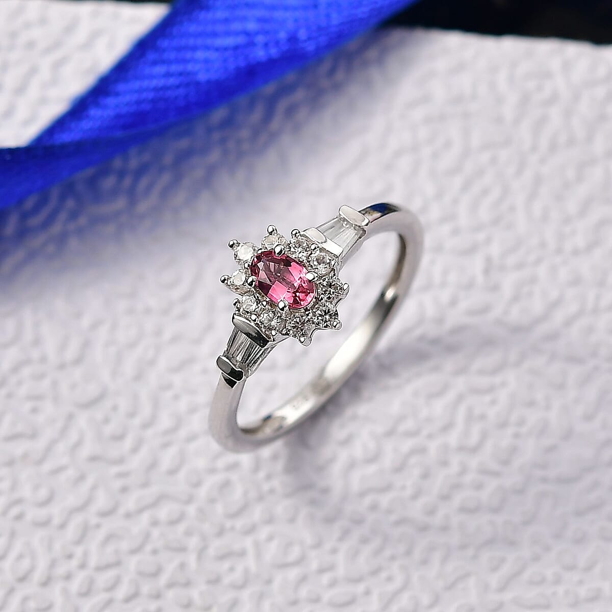 D'Joy Premium Ouro Fino Rubellite and White Zircon 0.80 ctw Regal Blossom Ring in Rhodium Over Sterling Silver (Size 7.0) image number 1