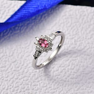 D'Joy Premium Ouro Fino Rubellite and White Zircon 0.80 ctw Regal Blossom Ring in Rhodium Over Sterling Silver (Size 7.0)