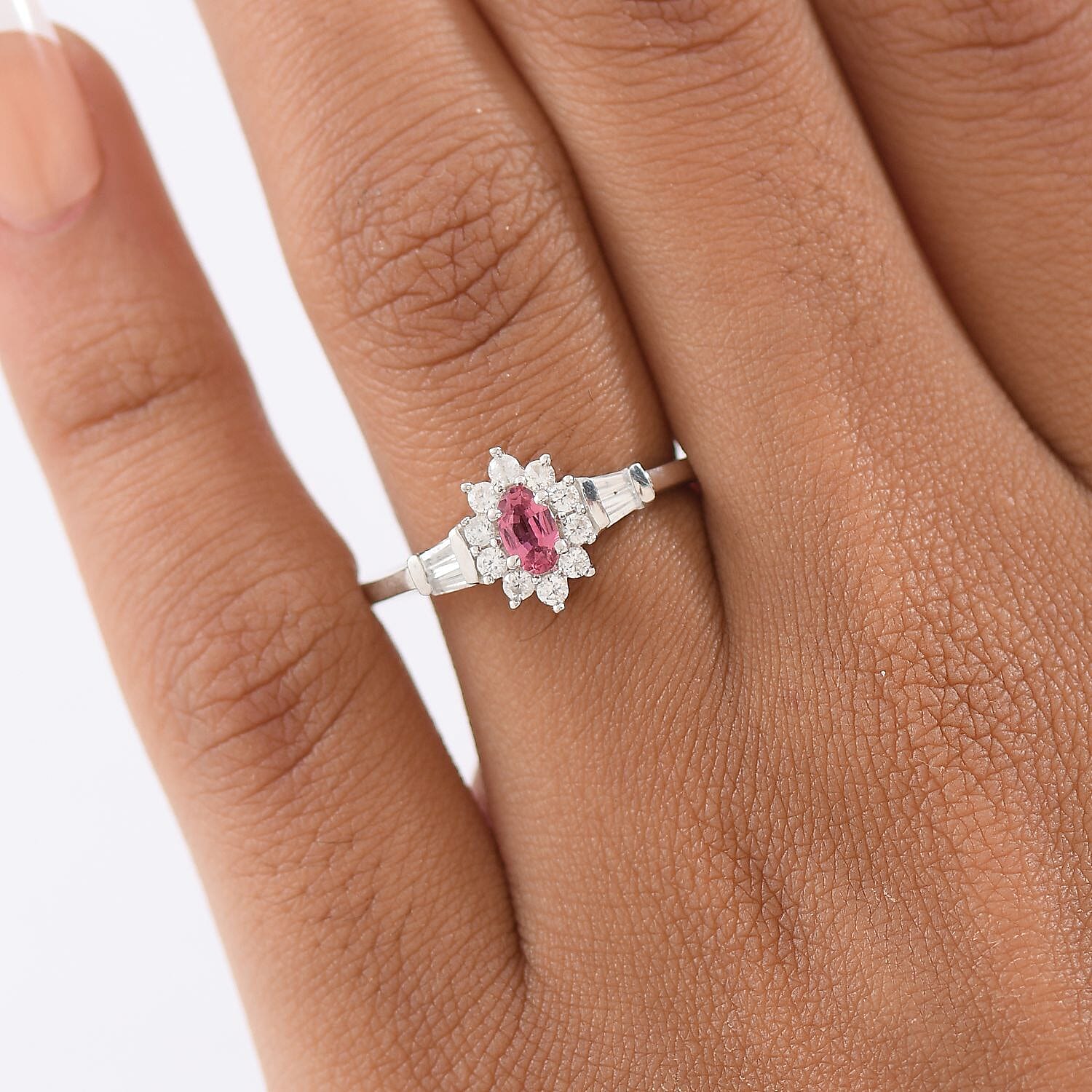 D'Joy Premium Ouro Fino Rubellite and White Zircon 0.80 ctw Regal Blossom Ring in Rhodium Over Sterling Silver (Size 7.0)