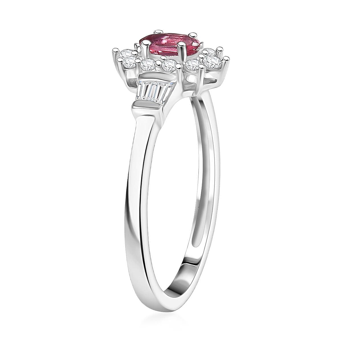 D'Joy Premium Ouro Fino Rubellite and White Zircon 0.80 ctw Regal Blossom Ring in Rhodium Over Sterling Silver (Size 7.0)